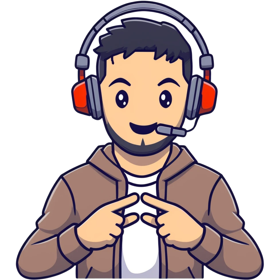 Anime style man with black hair, brown eyes, and black beard wearing gaming headset and making a bravo gesture, anime character design emoji