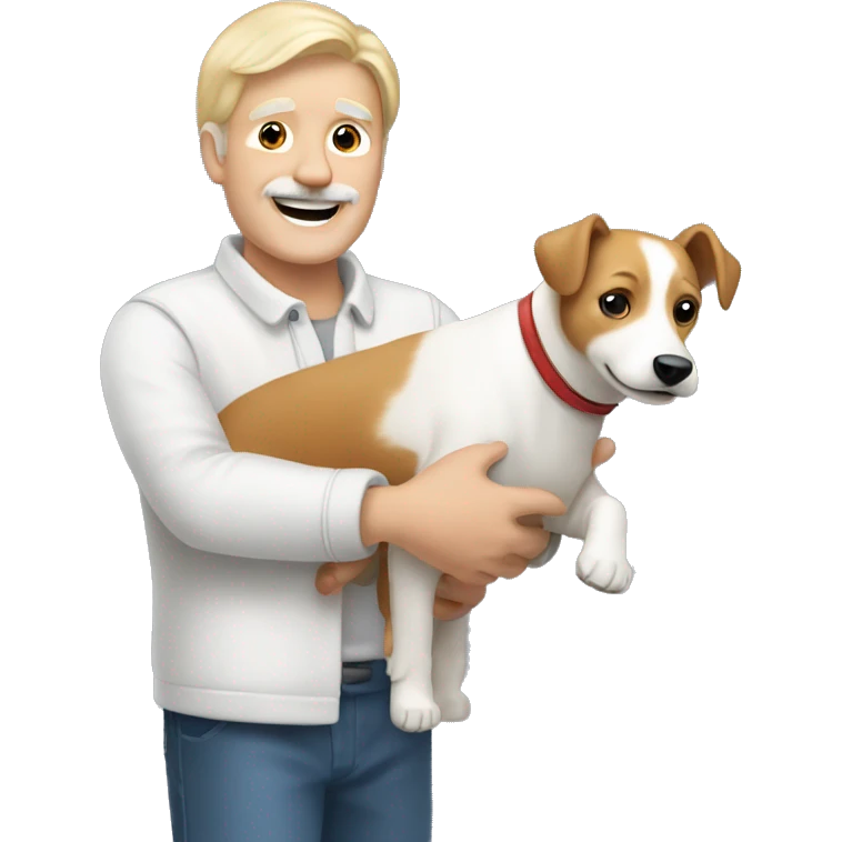 Blond 60 year old guy with smiling jack russel in arms emoji