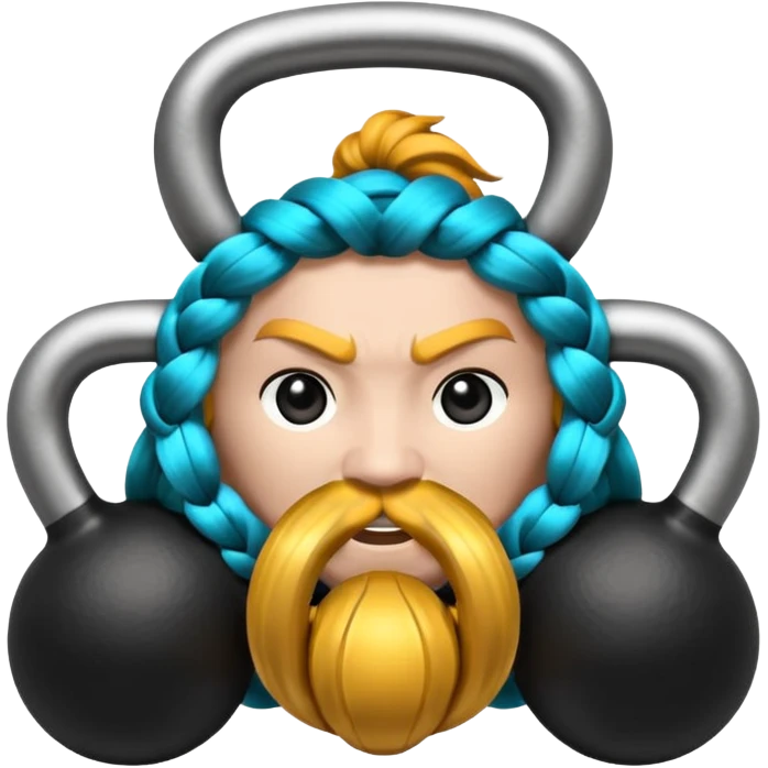 Kettlebell con la cara de una vikinga con dos trenzas rubias y cara dese una vikinga con dos trenzas rubias a colgando a cada lado de la cara y gesto de venganza emoji