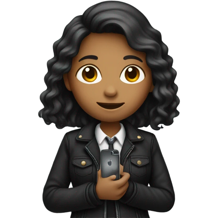 Standing girl emoji: black jacket, asian Poses: holding phone, emoji