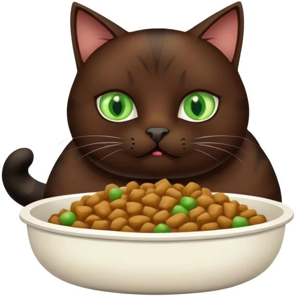 Fat brown and black cat with green eyes eating cat food emoji