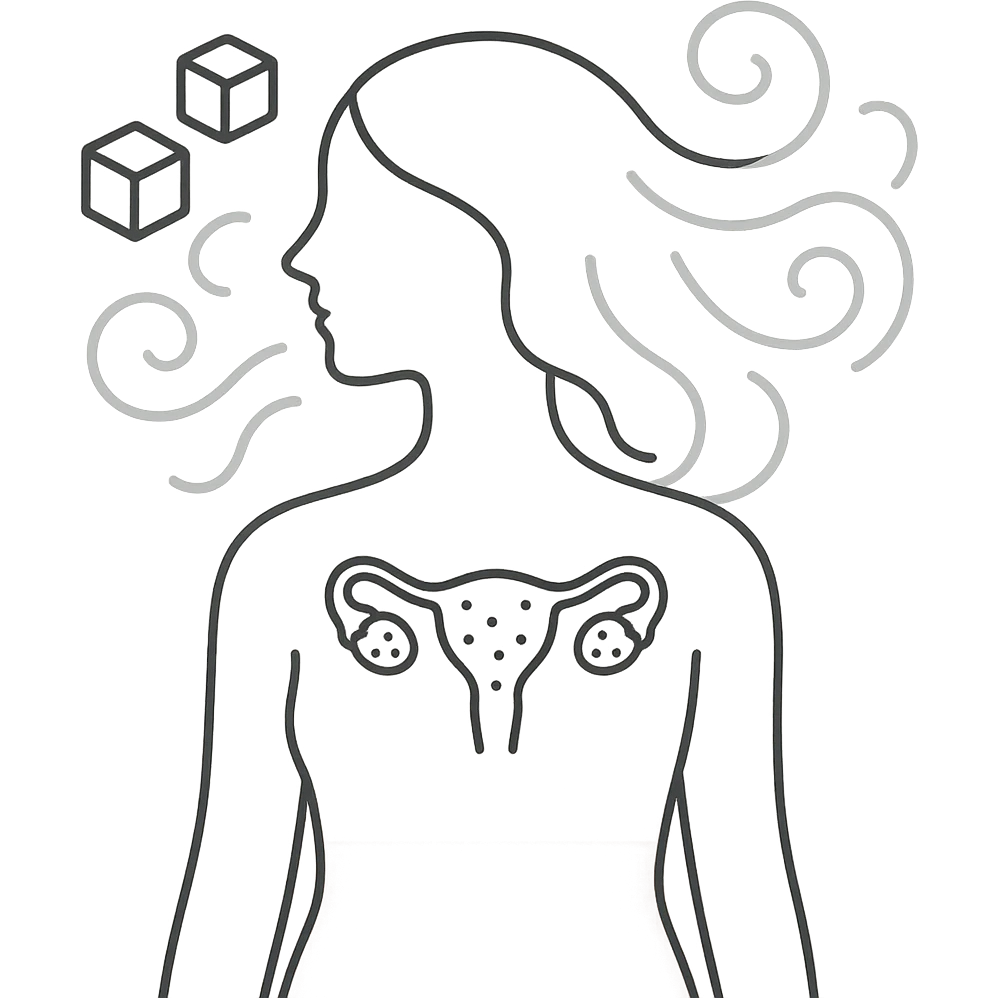 abstract medical art of a female silhouette in pastel colors with swirling hair, sugar cubes, and polycystic ovaries as dark constellations, minimalist style emoji