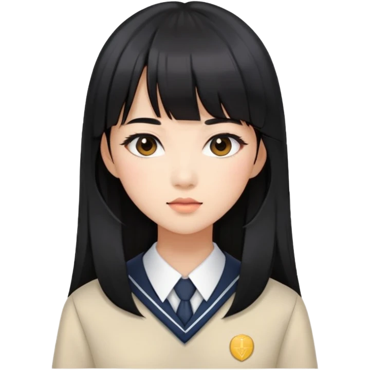 stylish woman with Asian skin, school uniform, long straight black hair with bangs, and soft makeup emoji