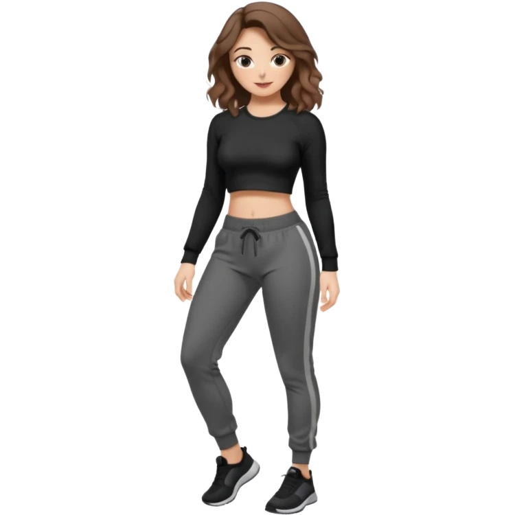 Girl with brown wavy hair, dream body ( small waist, wild hips and big glute) in black long sleev sticky top, grey jogger emoji