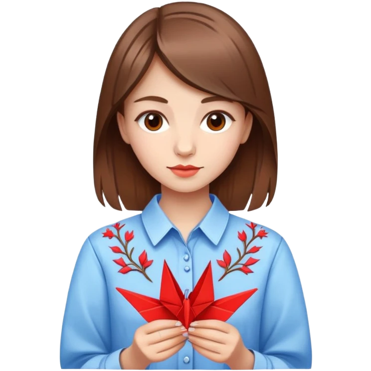 Ukrainian young girl with brown hair wearing an embroidered shirt holds an origami red crane emoji