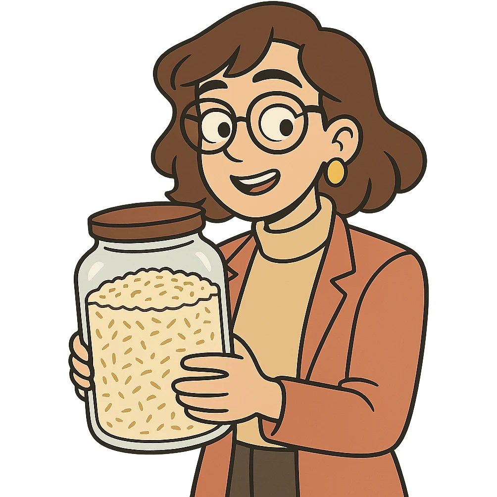 designer woman with brown hair holding a big glass jar of rice in flat toon style emoji