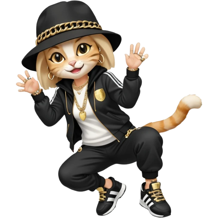 female cat dressed like Run DMC with tracksuit, fedora, Adidas shoes, lots of gold chains, rings, bracelets, earrings, laughing, looking up, no sunglasses emoji