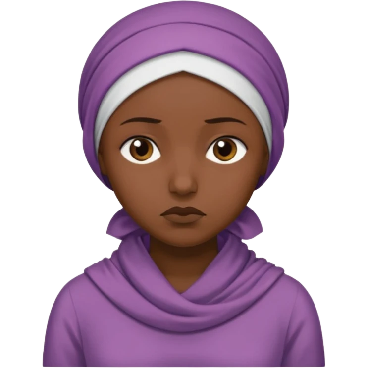 Emoji portrait of a female domestic slave. She has a sad expression and wears a plain dress with a headscarf. emoji