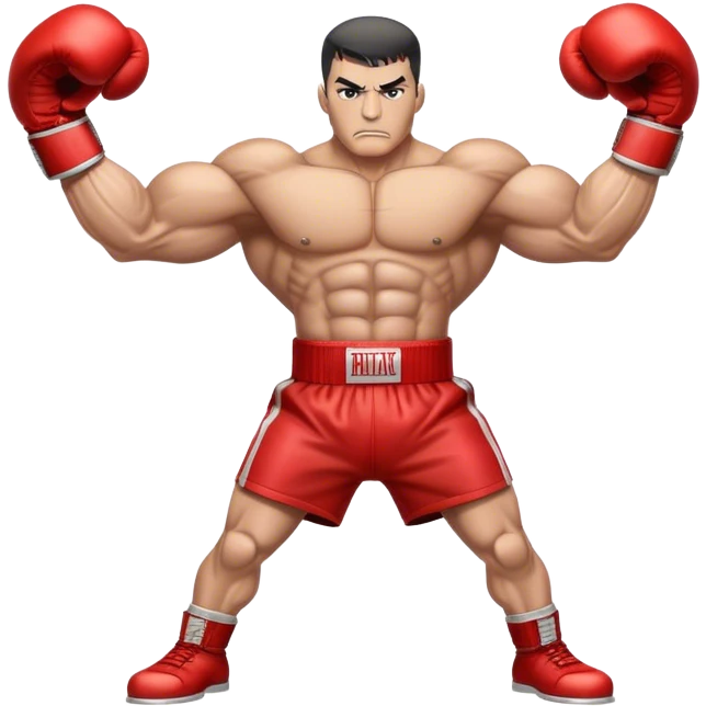 A locomotive train with human-like muscular arms, wearing red boxing gloves, standing in a fighting stance, determined expression, cartoon-style. emoji