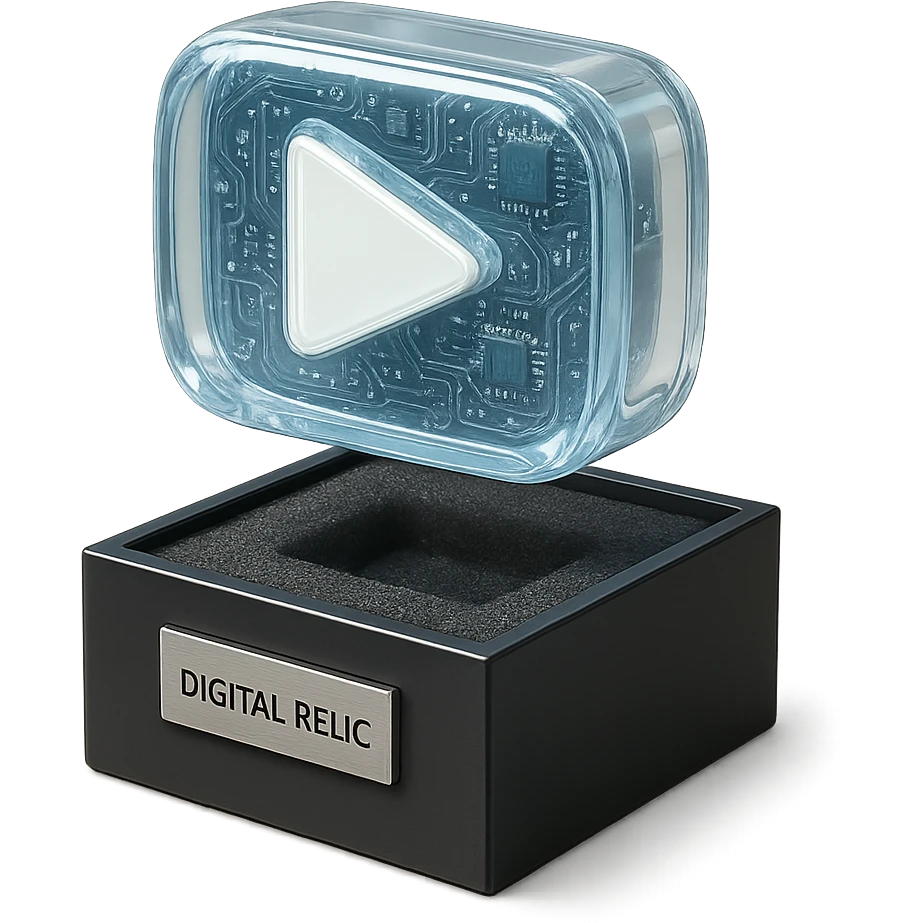 white youtube play button placed in the center of a sleek black acrylic box, like a collectible or museum artifact, foam padding, small engraved nameplate that says “Digital Relic”, soft ambient lighting, real-world texture emoji