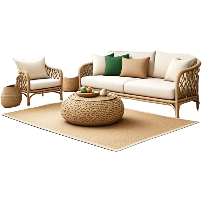 modern boho living room with many indoor plants, rattan furniture, white walls, and natural light emoji
