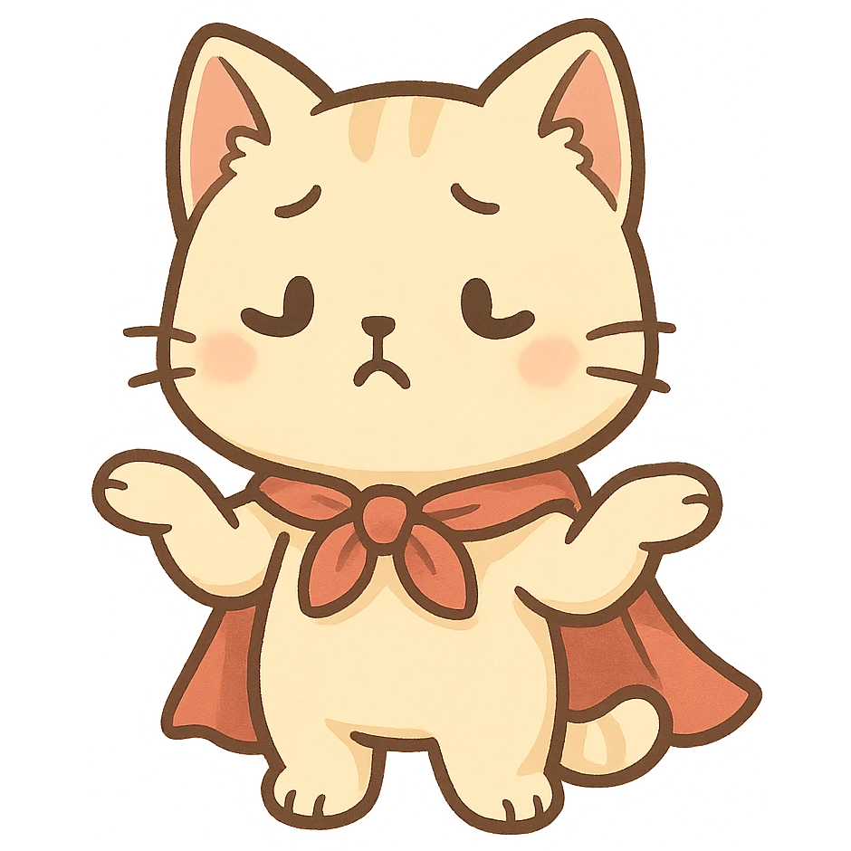 cute cat wearing a cape, shrugging shoulders pose, bright and lovely feeling emoji