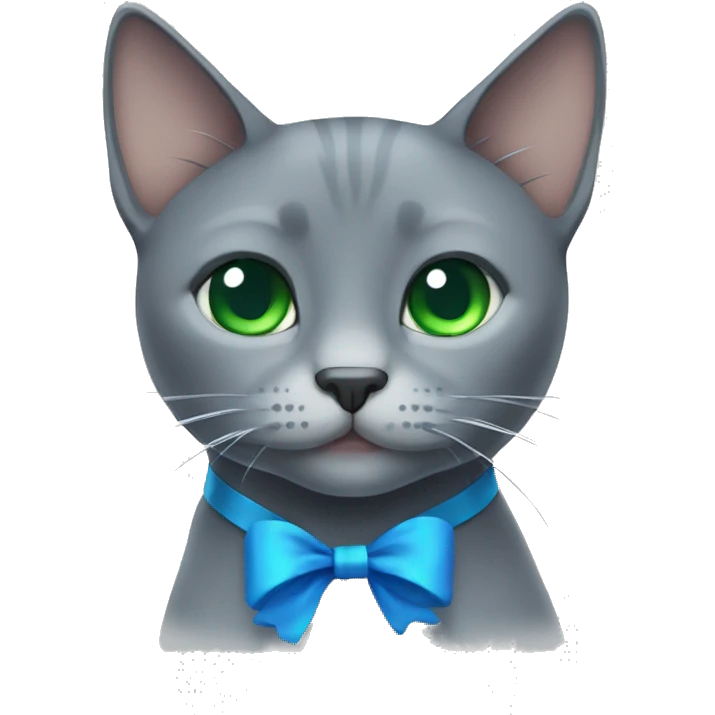 Gray cat with a blue bow and green eyes emoji