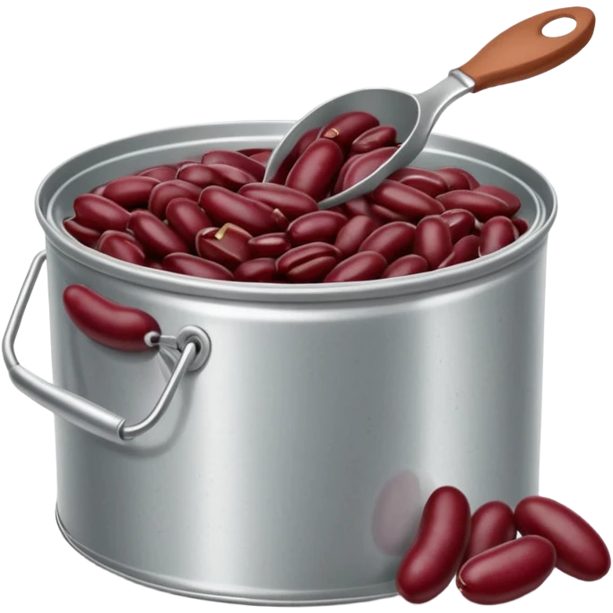 open metal can filled with glossy dark red kidney beans in thick slightly starchy liquid, beans plump smooth gently mounded in plain partially opened tin can, no label or extras, apple emoji style, soft lighting, subtle shadows, transparent background, emoji scale emoji