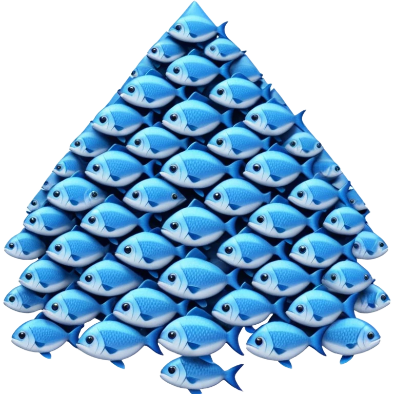 large pile of blue fish in a triangle-pyramid formation, iPhone Apple emoji style, between 2D and 3D emoji