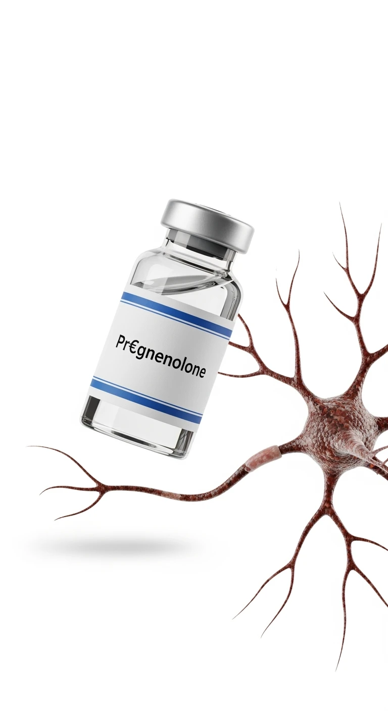 FIALA CON LA SCRITTA "Pr€gnenolone" FLUTTUA IN ARIA CON UN NEURONE UMANO ANATOMICO, ISOLATI SU SFONDO BIANCO emoji