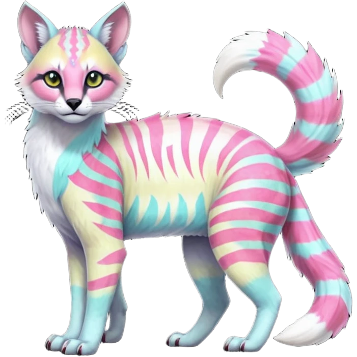 Colorful tropical tribal pale light fruity pastel white glorious iridescent divine exotic cute albino neon vibrant zigzagged cool beautiful fantasy-caracal-civet-genet-sergal-vernid-Gryphon-Cacomistle-Trico-oncilla-animal-Fakémon-hybrid-fursona (full body), facial markings,  emoji