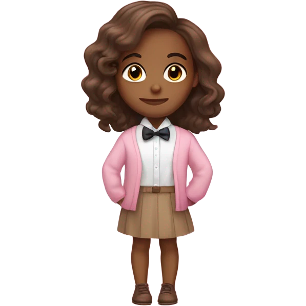 Brown skin girl with shoulder length hair wearing a bow tie and a cute pink sweater with a white dress shirt underneath  emoji
