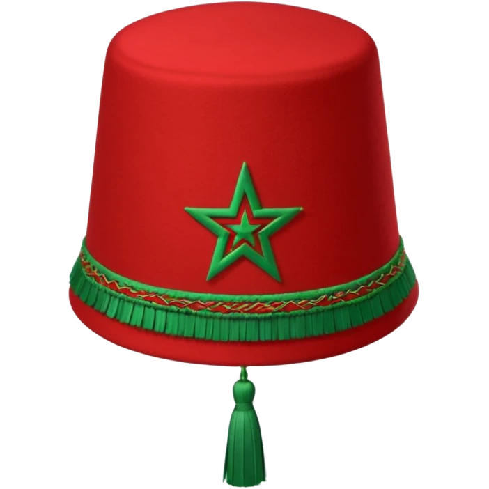 Red Moroccan fez hat with a flat top, straight sides, a green five-pointed star on the front, and a thin black tassel hanging from the right side. emoji