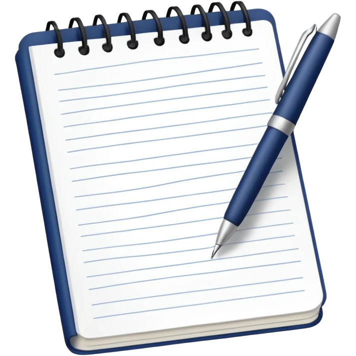 notebook with lined paper with cursive writing and a pen ontop emoji