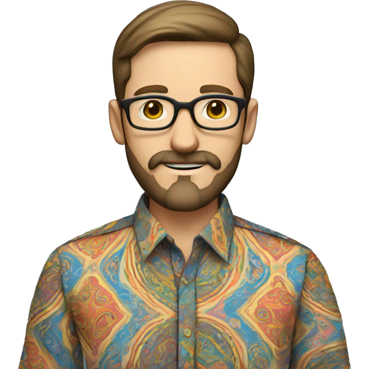 a male teacher with pale skin, black round glasses, brown hair, a beard and moustache, wearing a paisley colorful shirt emoji