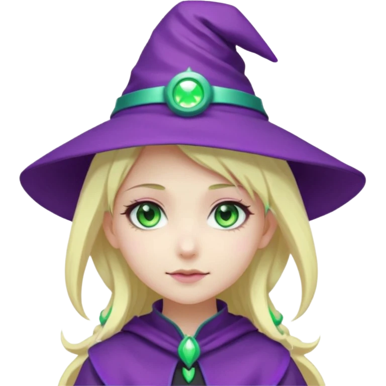 Make a blonde girl with green glowing headset on with teal eyes and a purple haired girl with green eyes waering a purple wit hes hat haveing fun , make them a chibi emoji page anime style emoji