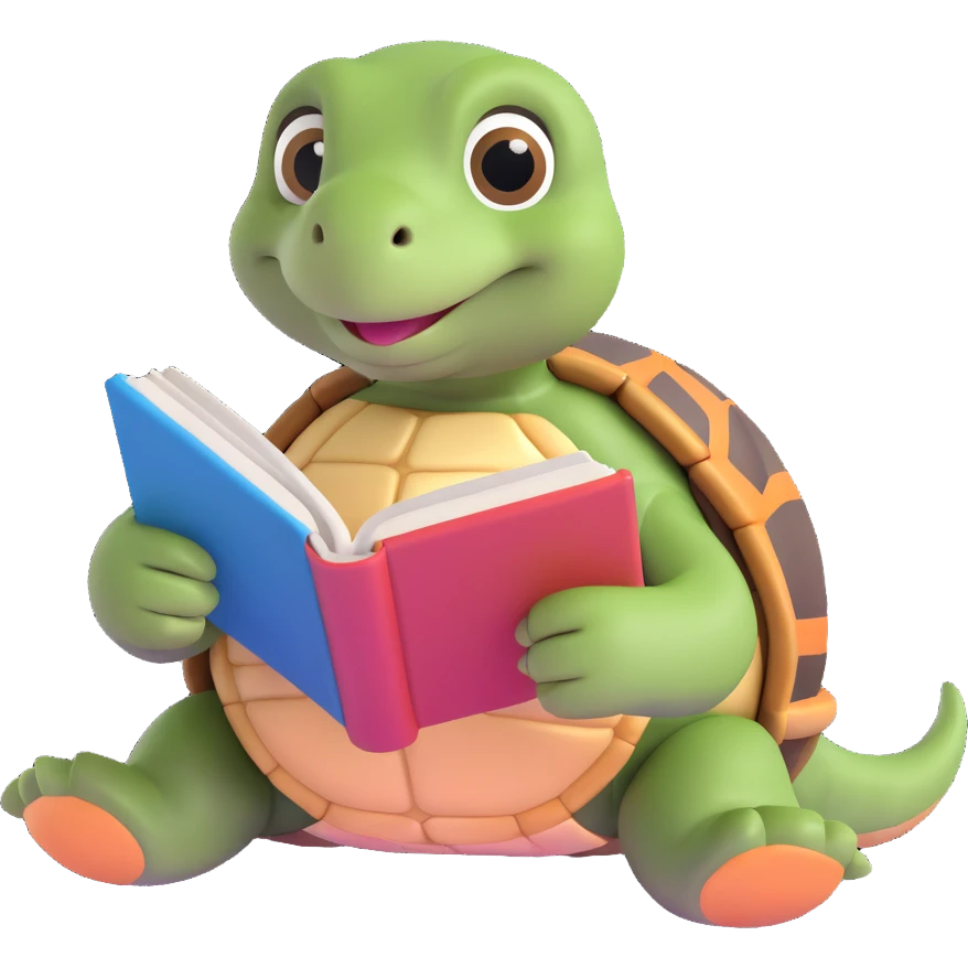 a cute tortoise reading a book, sitting with the book open in front, looking studious and cute emoji