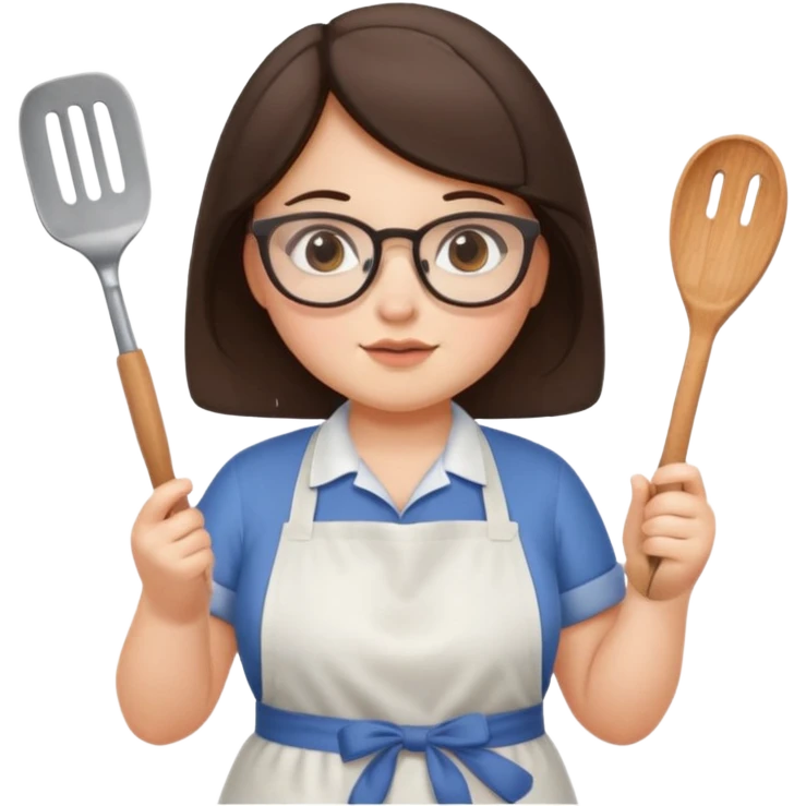 chubby brunette girl with glasses with apron holding spatula  emoji