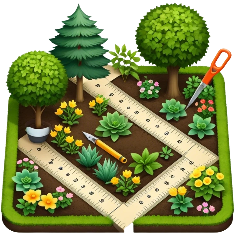 Icon for Landscape Design: a garden layout with plants, trees, paths, and design tools like a ruler, pencil and measuring tape. The icon should represent creativity in outdoor space planning and gardening. Transparent background. emoji