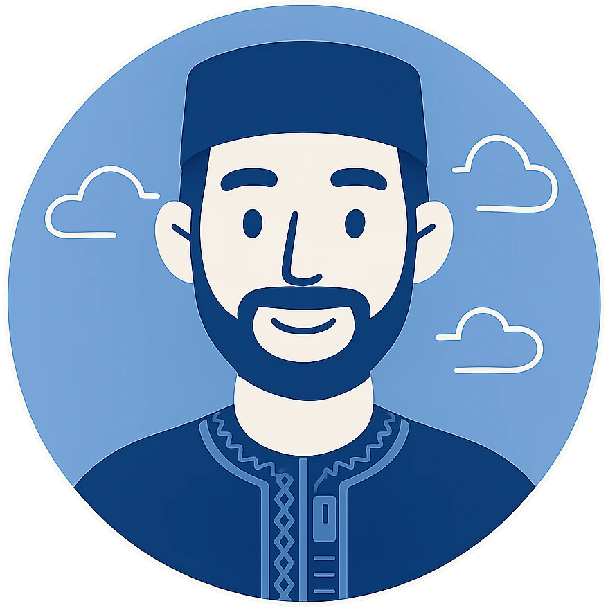 modern digital avatar of an Algerian man, friendly expression, clean minimalist cartoonish style, subtle Algerian elements or traditional patterns integrated in a tech-inspired way, inside a circular frame with a smooth glowing effect, suitable for profile assignment, square format emoji