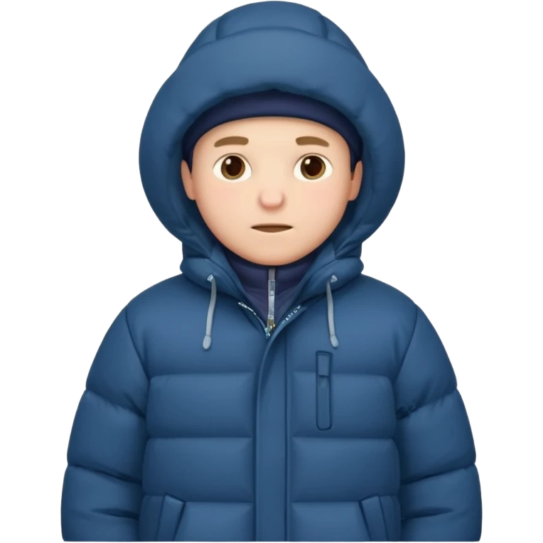A man sitting on a chair, wearing a puffed coat with hood, hands in his pocket, freezing in the winter emoji