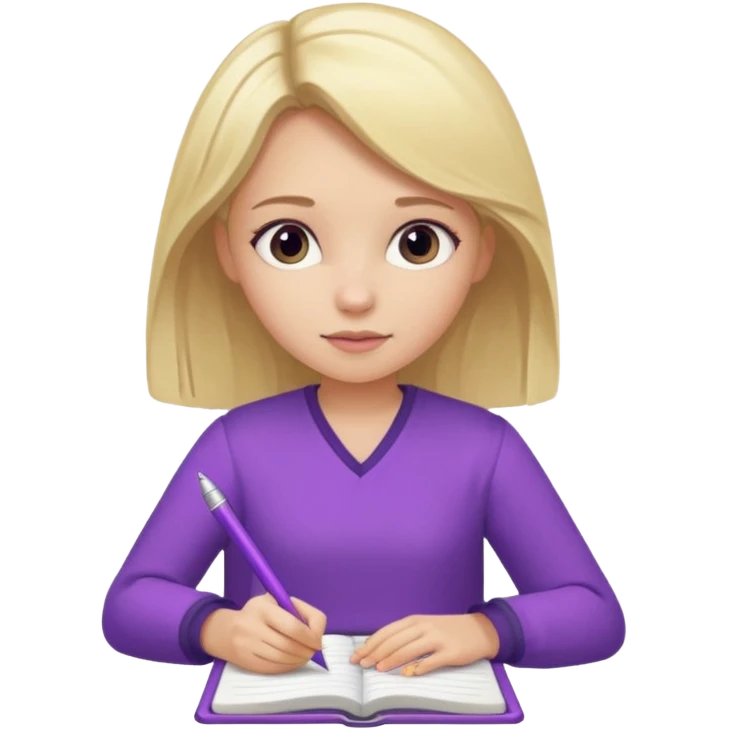 girl sitting, writing in a notebook, blond hair, dressed in purple clothes emoji