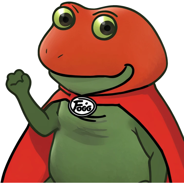 red Pepe the Frog superhero with Fogo.io logo as cape, power pose, cartoonish, bold, meme-inspired, red color palette, witty and playful, Discord sticker emoji