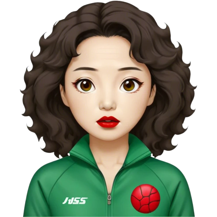 Han Mi-nyeo: Age Late 70s
Appearance: A crazy woman with many wrinkles face, frizzy, very messy dark brown hair and dramatic red lipstick.
Outfit: Green player tracksuit emoji