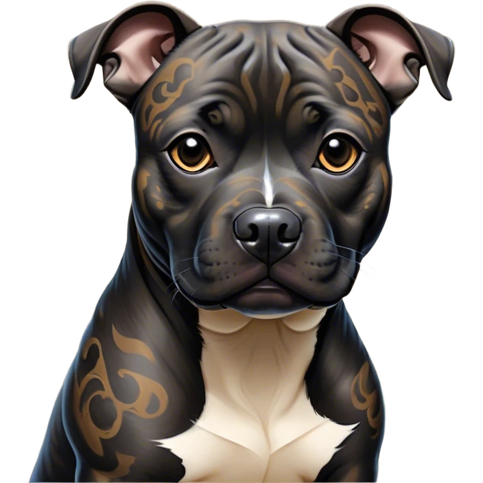 Cinematic Noble Black/Brindle Staffordshire Bull Terrier Portrait Emoji, Poised and regal, with a compact, muscular build and a sleek, well-groomed Fur featuring a striking mix of black and brindle patterns, deep-set soulful dark eyes, Simplified yet sharp and sophisticated features, highly detailed, glowing with a soft, dignified glow, high shine, intelligent and loyal, stylized with an air of strength, focused and attentive, soft glowing outline, capturing the essence of a watchful and confident guardian, so majestic it feels as though it could stride out of the screen with effortless authority! emoji