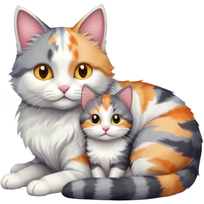 grey and white cat cuddling a colourful light patched calico + white tabby cat emoji