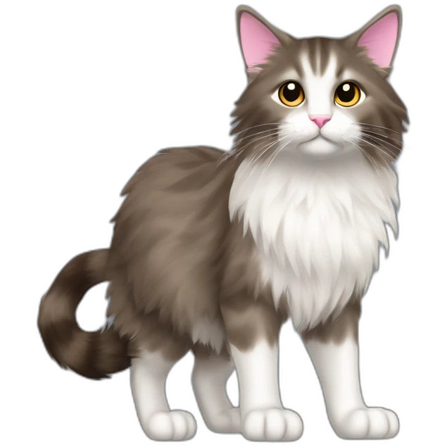 grey and brown norweigian forest cat walking profile furry bushy tail long whiskers furry and fluffy white front and back paws eyes a pink dark brown edged nose small triangular ears emoji