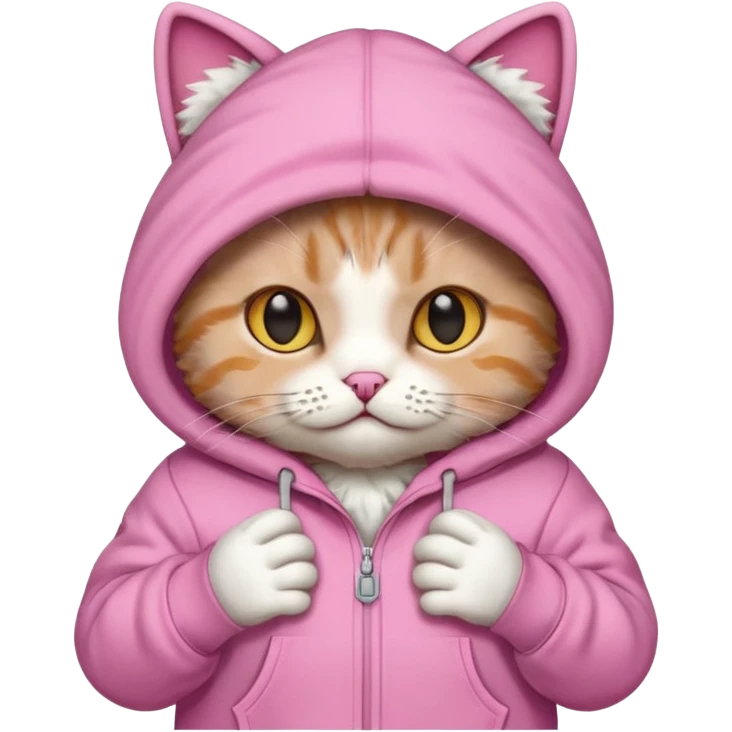 Cat wearing a pink palm puff hooodie emoji
