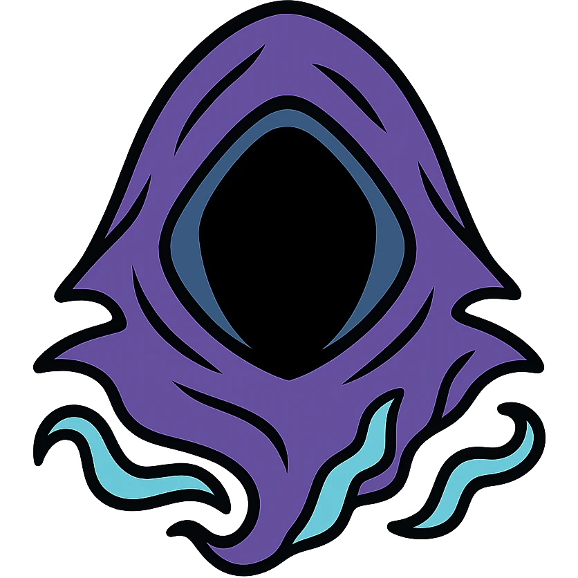 flat color vector emoji of a ghostly, hooded figure's head, faceless, made of swirling smoke and shadow, torn and ruffled hood, surprised expression shown by interplay of light and shadow on the hood, dark, ethereal, and mysterious emoji
