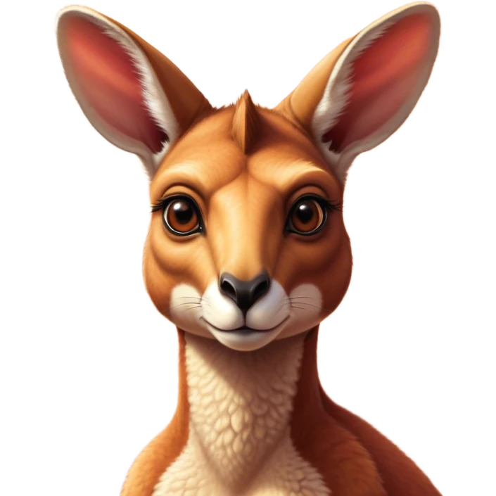 Cinematic Noble Adult Red Kangaroo Portrait Emoji, Poised and regal, with a robust, muscular build, tawny reddish fur, and a distinctive red kangaroo-shaped head featuring a slightly elongated snout, prominent ears, and keen, observant eyes, Simplified yet sharp and sophisticated features, highly detailed, glowing with a warm, sunlit glow, high shine, intelligent and commanding, stylized with an air of outback authority, focused and vigilant, soft glowing outline, capturing the essence of a watchful guardian that seems ready to bound out of the screen with effortless power! emoji
