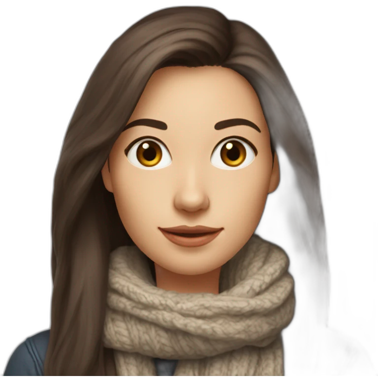 white female data science engineer with dark brown straight long hair in a tech startup wearing woolly scarf and wearing a coffee mug - only headshot emoji