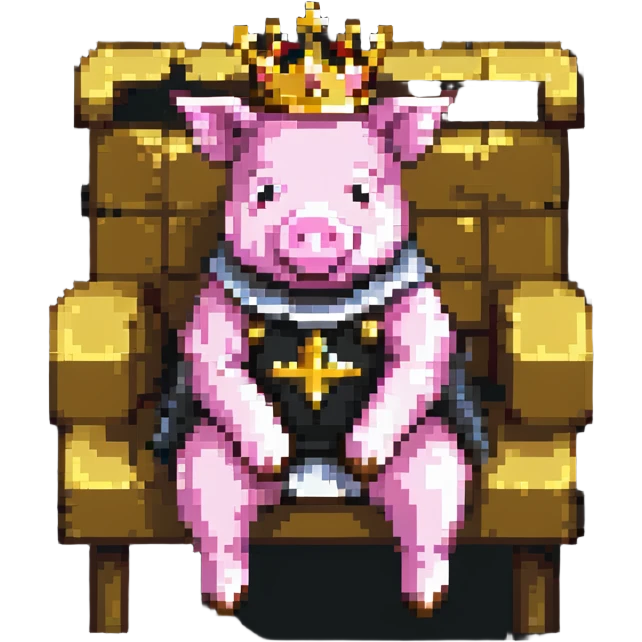 minimal abstract pixel art pig with a golden crown sitting on a throne, blocky and square like Minecraft, very few pixels emoji