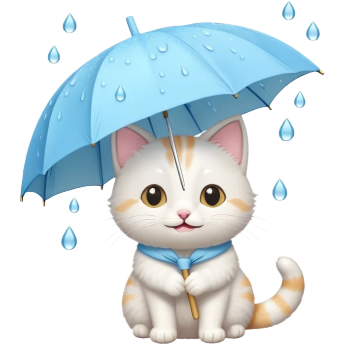 A cute cat holding a pastel umbrella, smiling while raindrops fall softly. emoji