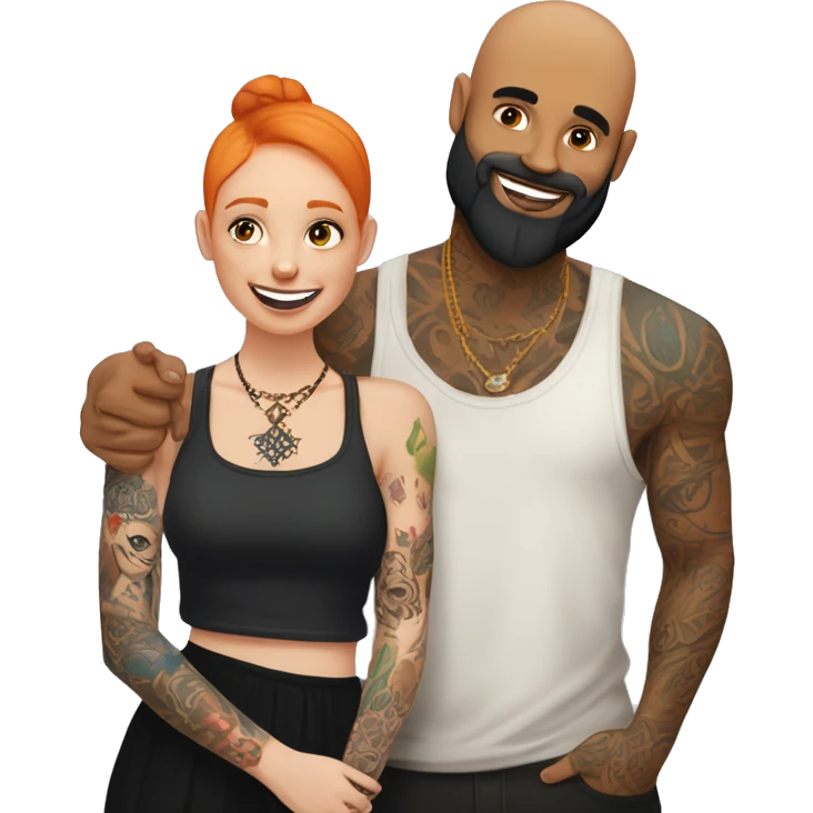 Indian Beard guy with bald head and tattoos on left hand hugging a ginger hair Croatian girl with septum ring and tattoos on right hand  emoji