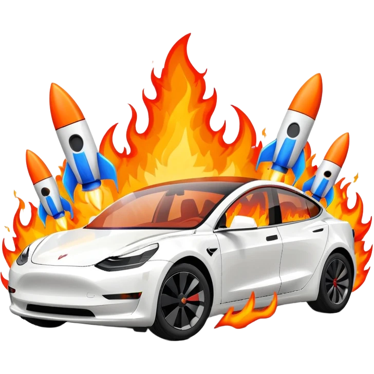 Tesla model 3 white. Two rockets mounted on roof flame backwards emoji