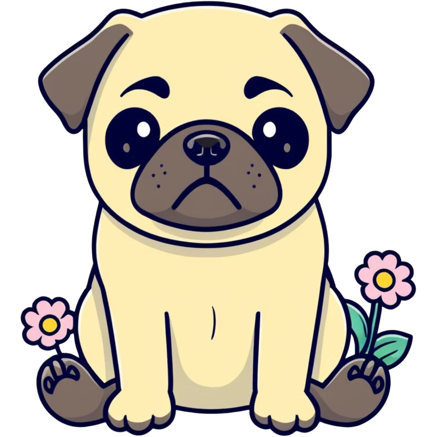 black pug sitting with flowers in the background emoji