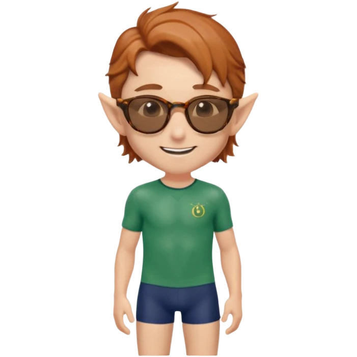 elf male legolas portrait, classic navy swim trunks, timeless wayfarer sunglasses (tortoiseshell), windswept auburn hair, friendly smile, clear pointy ears, no background, centered emoji, iconic summer look emoji