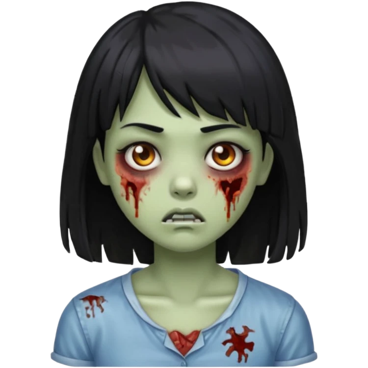 Faça uma zumbi menina com franja cabelo meio comprido abaixo do ombro preto e também com um olhar de cansaço emoji