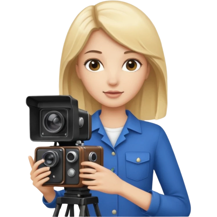 A brunette girl , she’s a proud and successful filmmaker 🍿🌍✨ she’s next to a tall, set camera, / holding awards  emoji