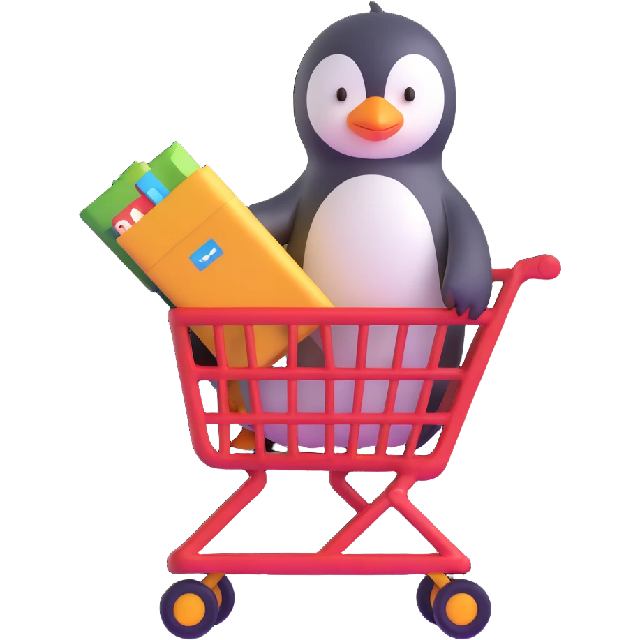cute baby penguin pushing a shopping cart emoji